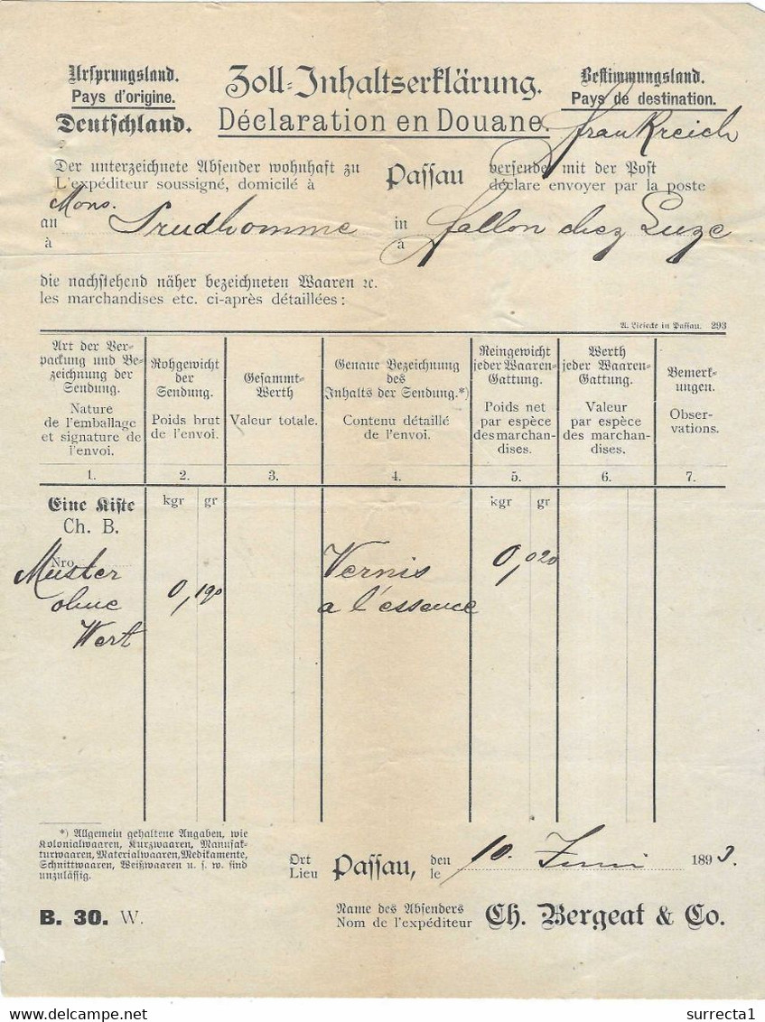 1893 / Zoll Inhaltserklärung / Colis Absenders Bergeat Dassau (Dessau) Deutschland / Echantillon Vernis - Transportmiddelen