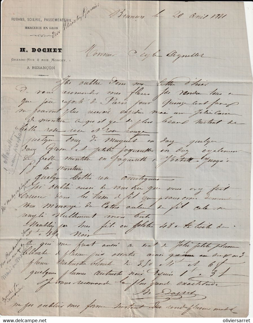 Besançon 20 Avril 1871 A Lyon Timbre Araché - 1871-1875 Cérès