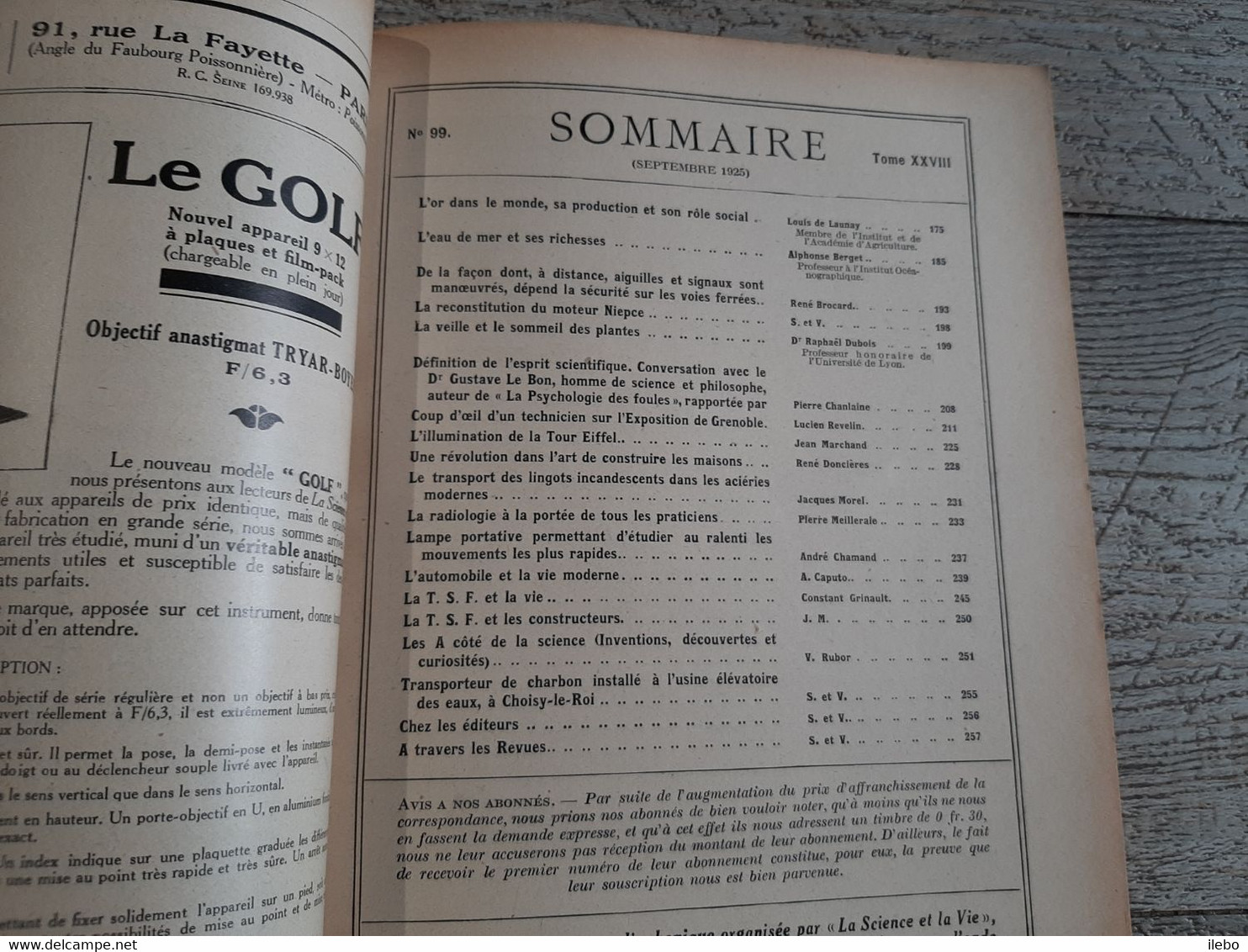 Science Et Vie 1925 N°99 Or Eau De Mer Moteur Niepce Exposition De Grenoble   Sommaire En Photo Publicités - Wetenschap