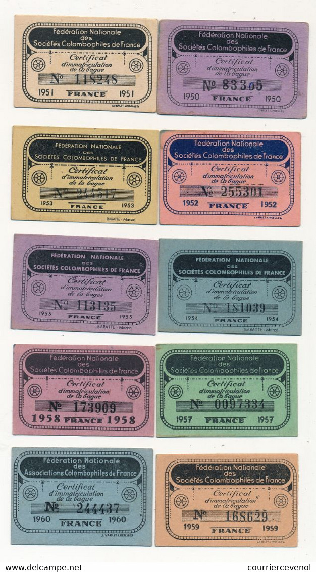 COLOMBOPHILIE France - 10 Certificats D'immatriculations De Bagues - 1950 à 1960 (manque 1956) - Sonstige & Ohne Zuordnung