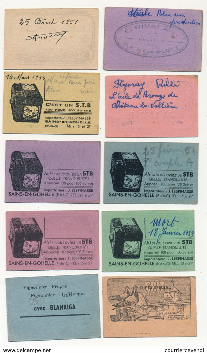 COLOMBOPHILIE France - 10 Certificats D'immatriculations De Bagues - 1950 à 1960 (manque 1956) - Otros & Sin Clasificación