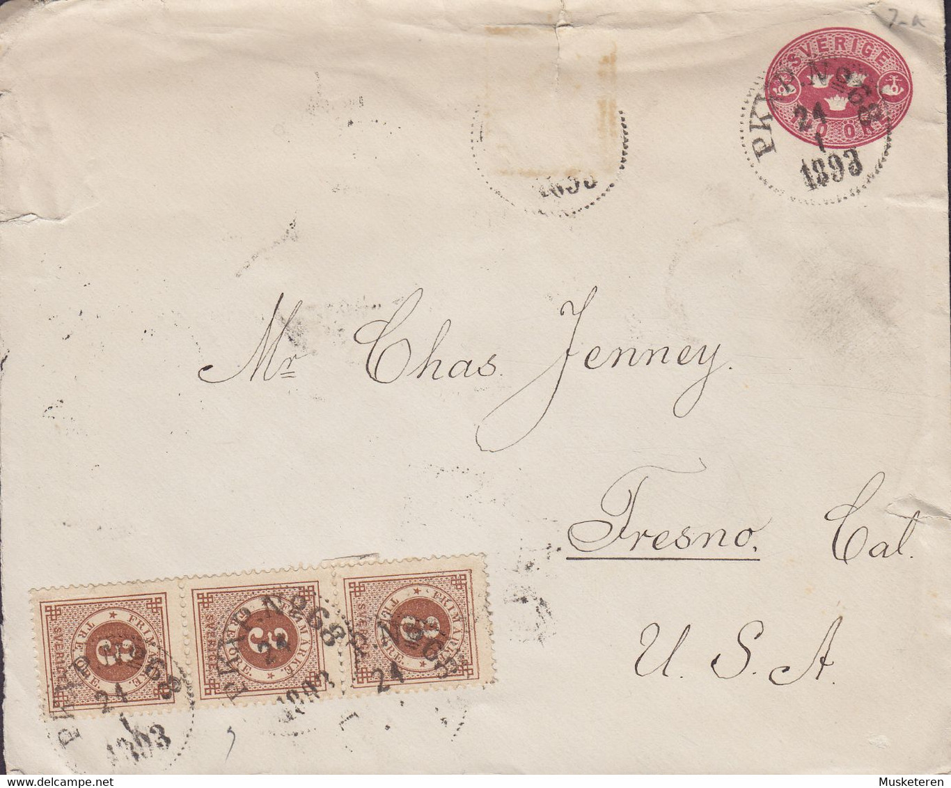 Sweden Uprated Postal Stationery Ganzsache Bahnpost PKXP. No. 68 1893 FRESNO United States ERROR Variety 'Open Ornament' - Variétés Et Curiosités