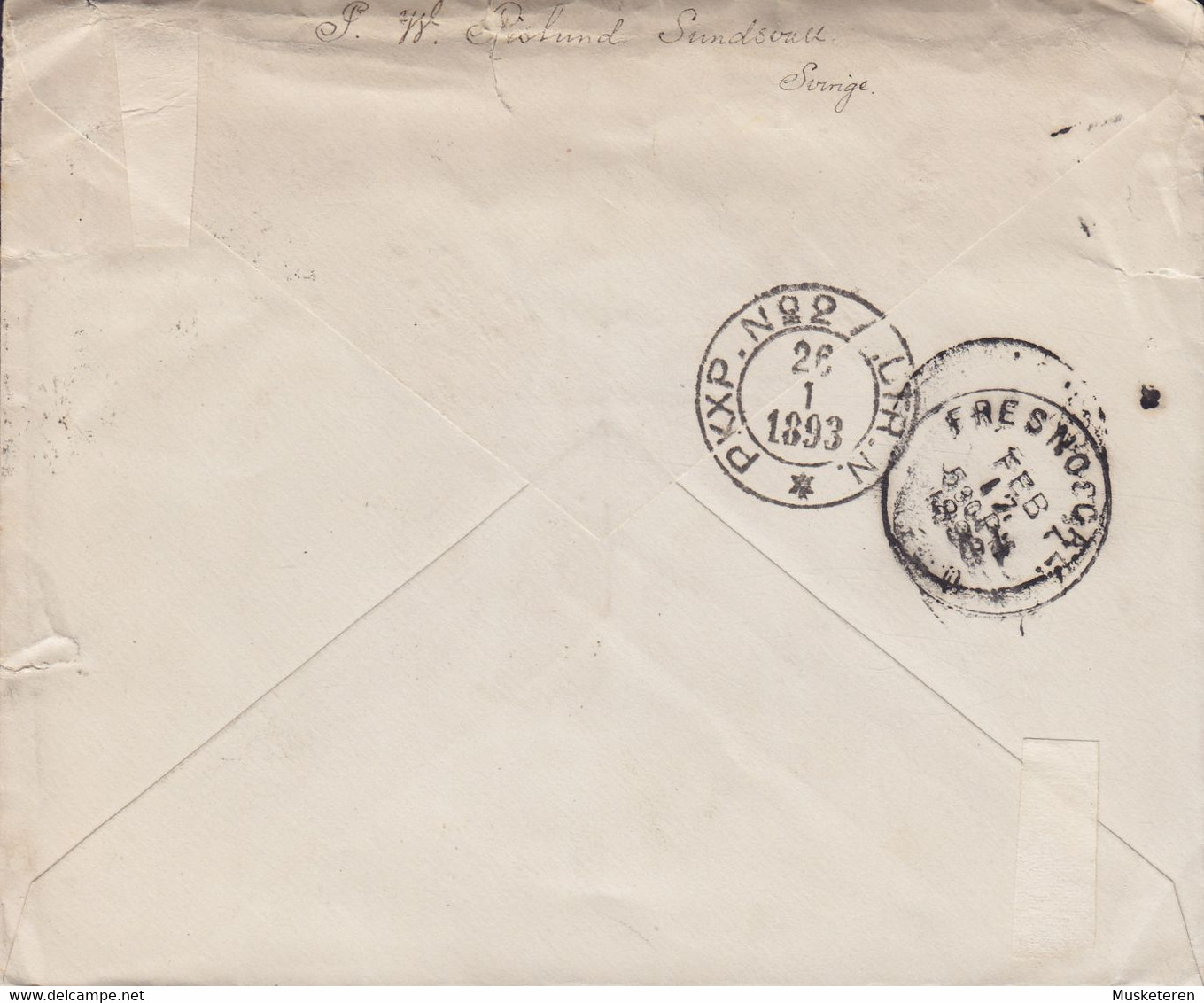 Sweden Uprated Postal Stationery Ganzsache Bahnpost PKXP. No. 68 1893 FRESNO United States ERROR Variety 'Open Ornament' - Variétés Et Curiosités