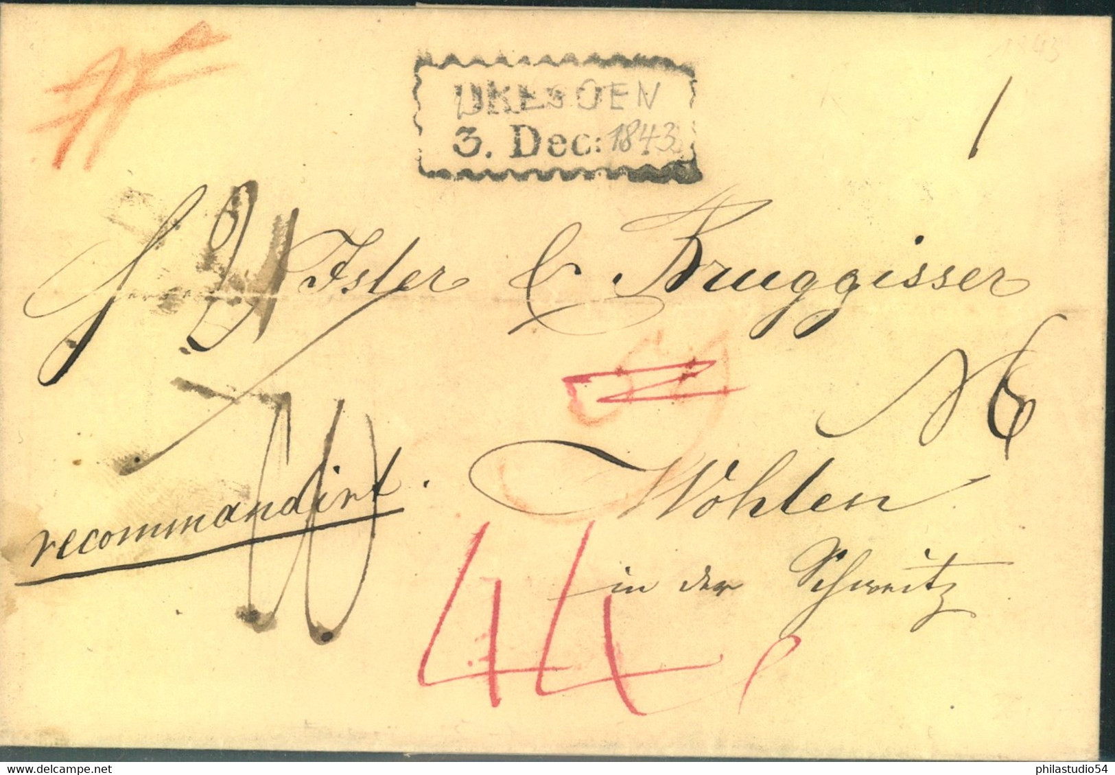 1843,  Reco-Brief Taxiert In Rot Ab DRESDEN Nach Wohlen, Schweiz - Prephilately