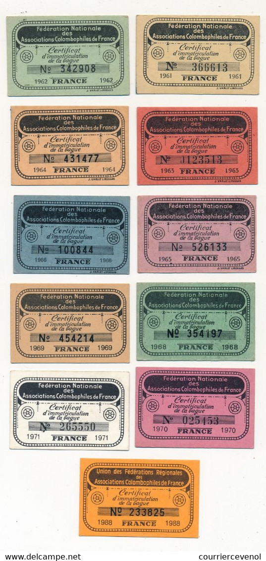 COLOMBOPHILIE France - 11 Certificats D'immatriculations De Bagues - 1961 à 66 - 1968 à 1971 - 1988 - Altri & Non Classificati
