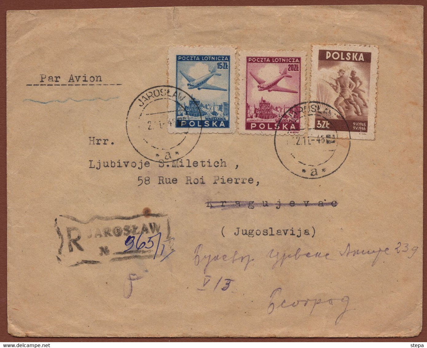 POLAND-YUGOSLAVIA, REGISTERED AIRMAIL LETTER-JAROSLAW To KRAGUJEVAC READDRESSED To BELGRADE 1946 RARE!!!!! - Vliegtuigen