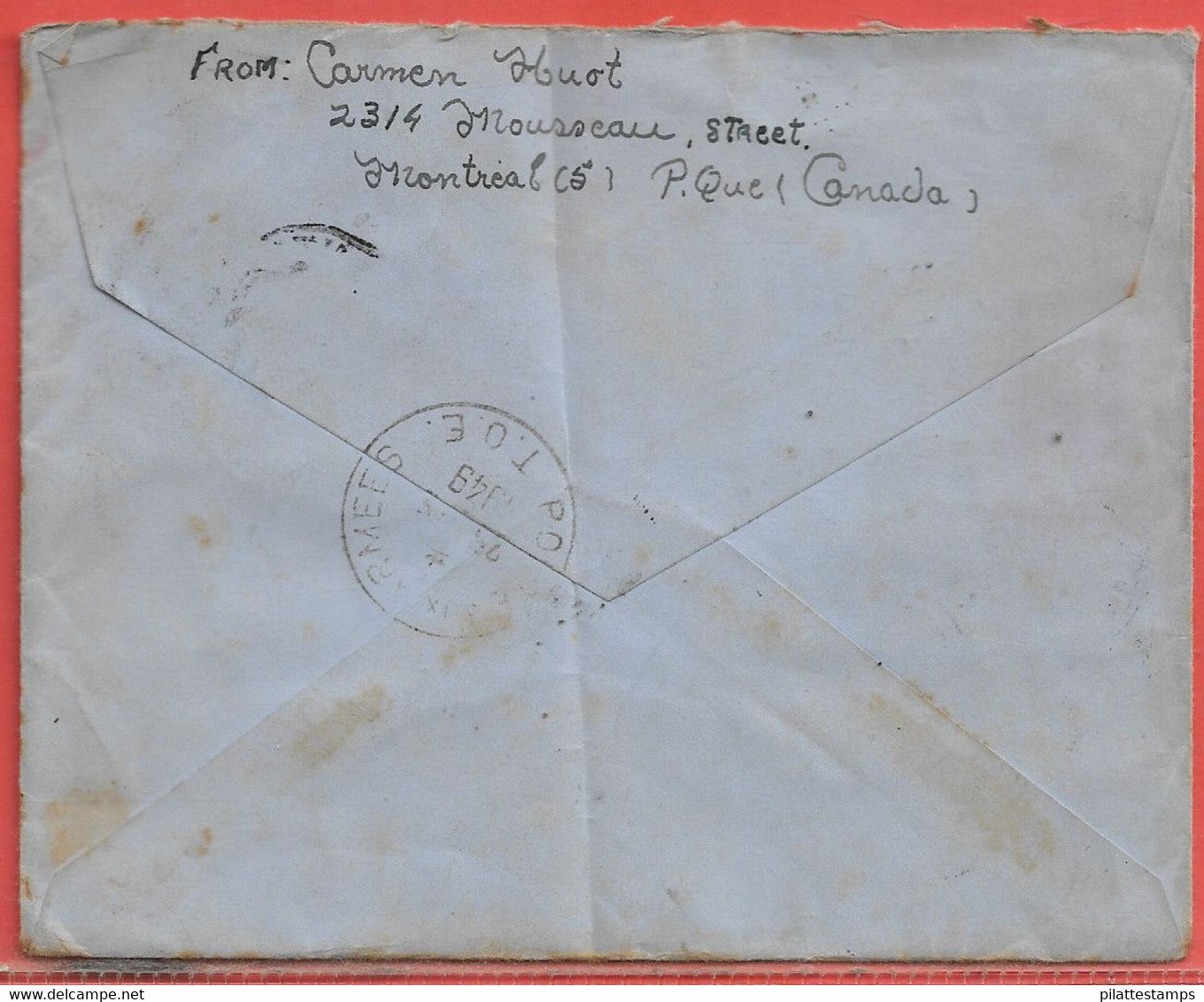 CANADA LETTRE PAR AVION DE 1949 DE MONTREAL POUR TFEO INDOCHINE(ROUSSEUR) - Briefe U. Dokumente