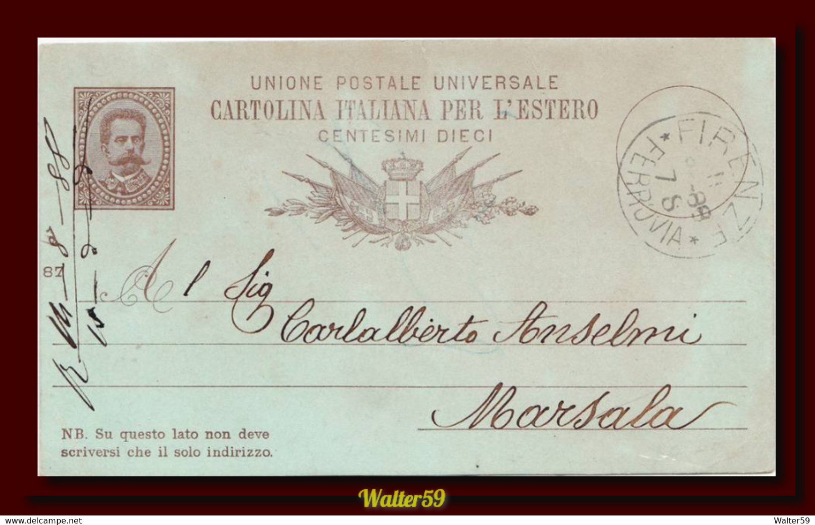 1889 Italien Italie Italia Intero Umb C10 Vg Firenze X Marsala Ganzsache Entier - Ganzsachen