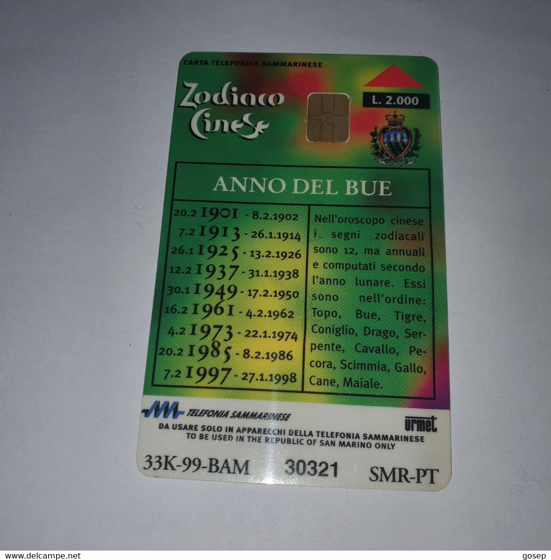 San Marino-(RSM-035b)-zodiaco-bue-chip Card-(47)-(30321)-mint Card+1card Prepiad Free - San Marino