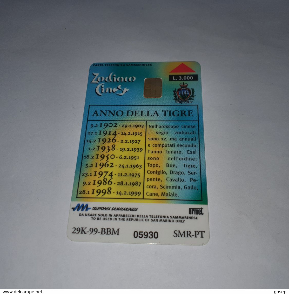 San Marino-(RSM-036)-zodiaco-tigre-chip Card-(48)-(05930)-(look From Chip)-mint Card+1card Prepiad Free - San Marino