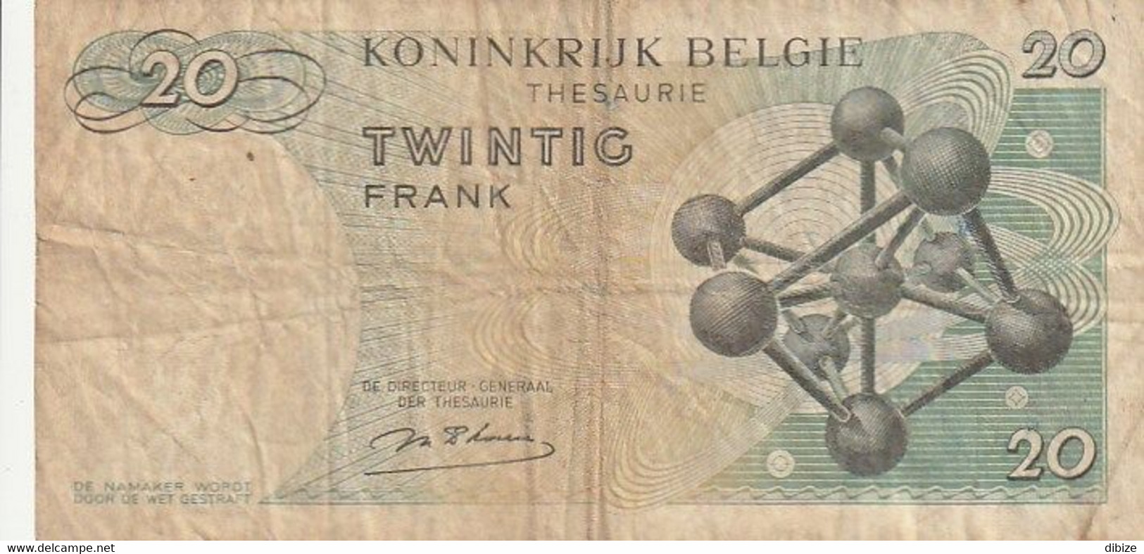 Billet De Banque Usagé. Belgique. 20 Francs. Personnage. Atomium. Etat Moyen. Taches. Froissé. - Non Classificati