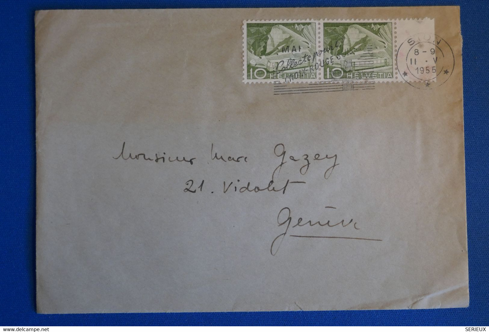 L18 SUISSE BELLE LETTRE 1955 SION POUR GENEVE+ PAIRE DE T.P ET BORD DE FEUILLE +AFFRANCH INTERESSANT - Briefe U. Dokumente