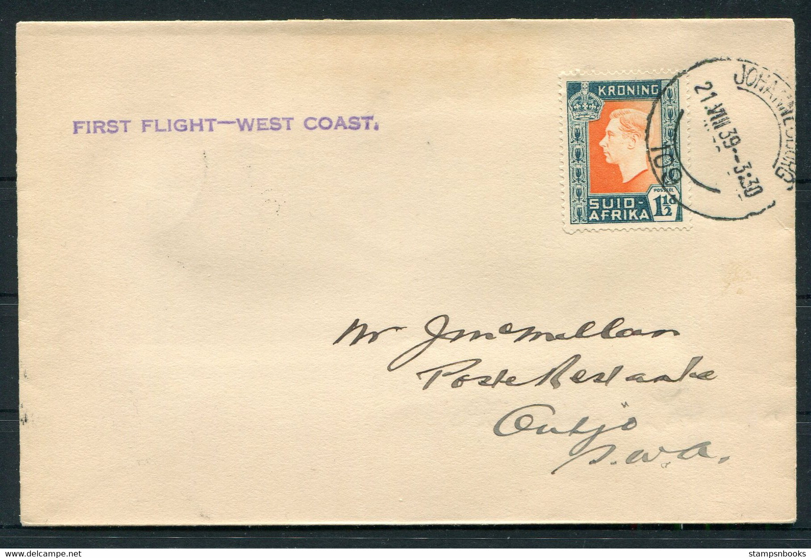 1939 (21st August) South Africa, West Coast Route First Flight Cover. Johannesburg - Outjo S.W.A. - Poste Aérienne