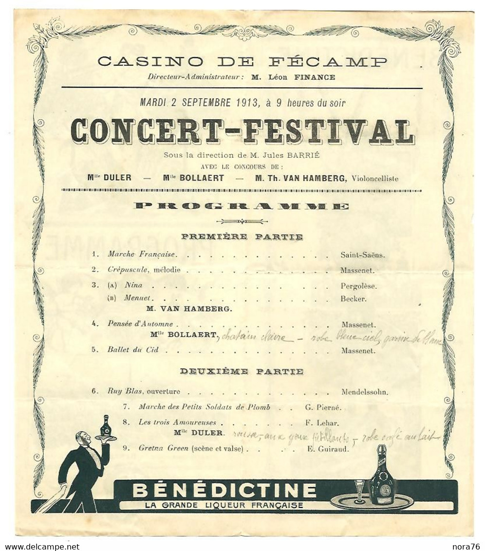 76 Fécamp "Programme   1913  Au Casino " Concert-festival" Pub Bénédictine - Programas