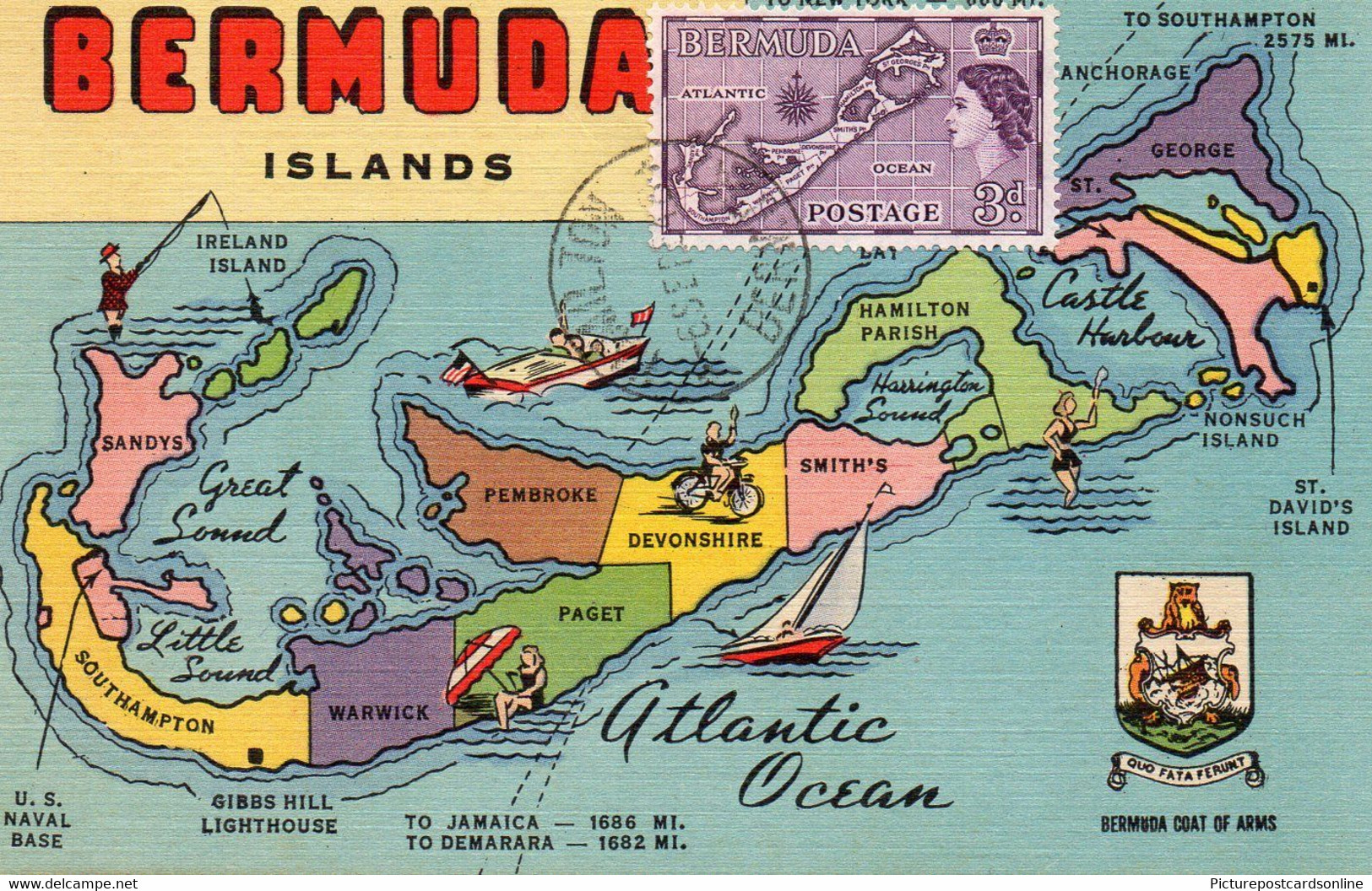 BERMUDA ISLANDS MAP POSTCARD OLD COLOUR POSTCARD - Bermuda