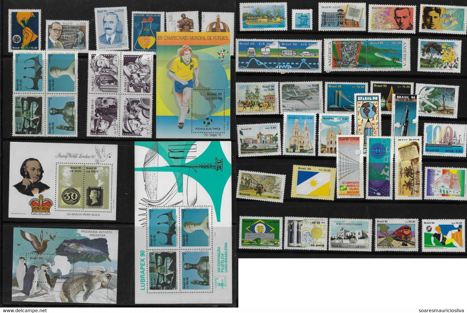 Brazil 1990 Complete Year 45 Commemorative Stamps  + 4 Souvenir Sheets + Leprosy Control Stamp Some Yellowish Spots - Komplette Jahrgänge