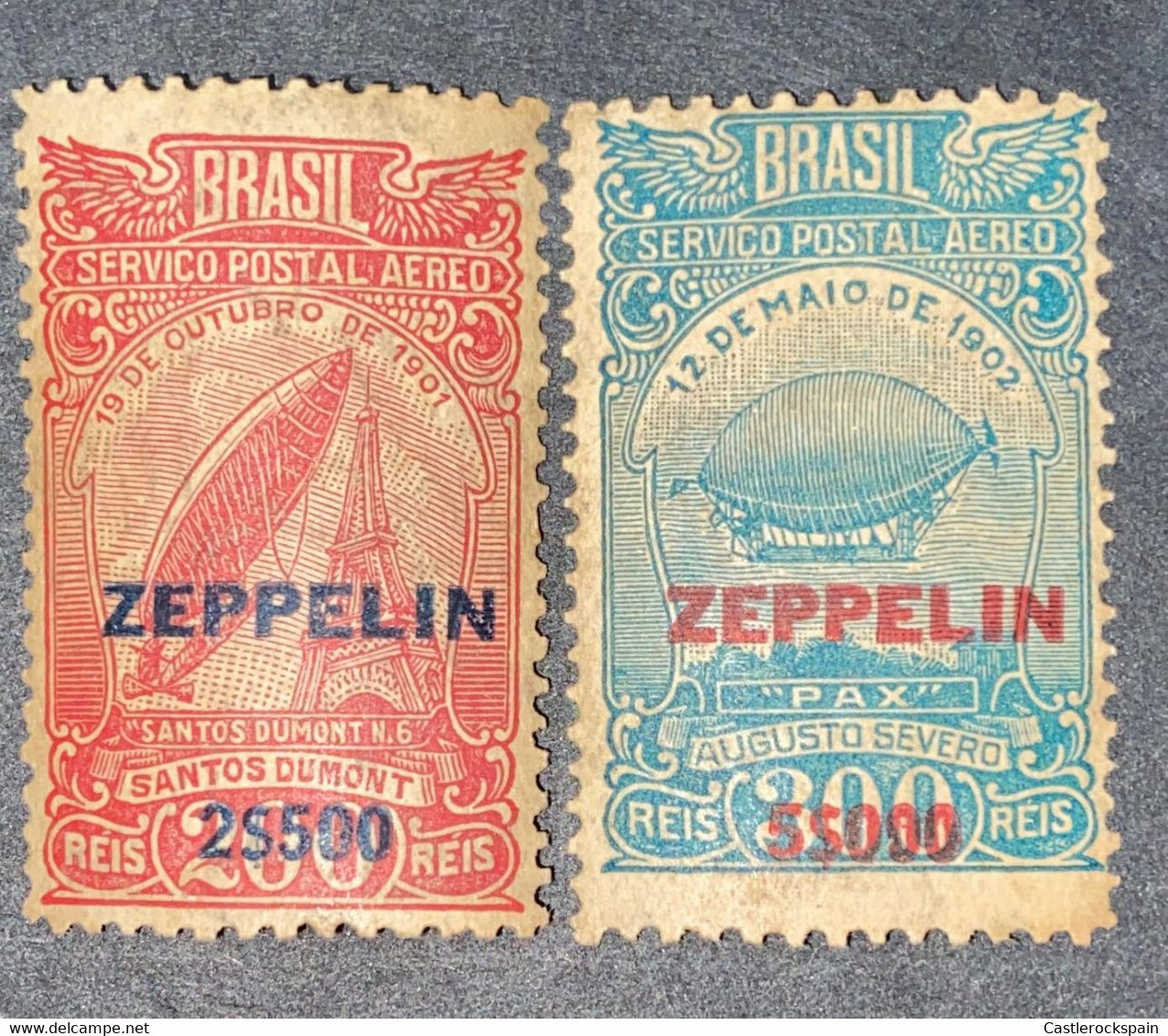 O) 1931 BRAZIL, ZEPPELIN 2$500 SANTOS DUMONT'S AIRSHIP SCT C26 2500r On 200r,  ZEPPELIN 5$000 AUGUSTO SEBVERO'S AIRSHIP - Ongebruikt