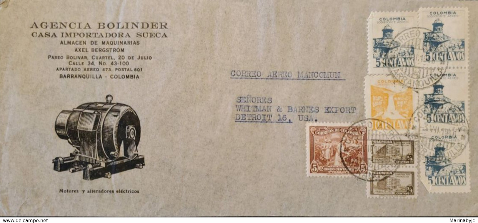 L) 1946 COLOMBIA, COFFEE, BROWN, 5C, SAN SEBASTIAN FORT, BAY SANTA MARIA, COMMUNICATIONS PALACE, AIRMAIL, CIRCUALTED COV - Colombia