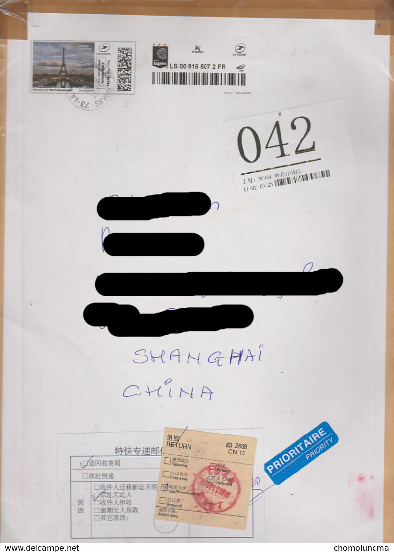 Retour Chine France Non Réclamé Adresse Insuffisante China RETURNED TO SENDER Unclaimed Insufficient Adress CN 15 - Oblitérés