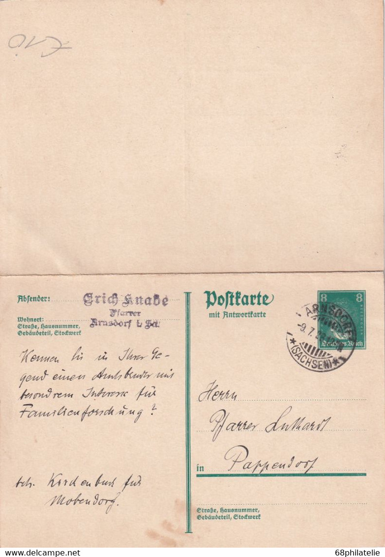 ALLEMAGNE 1928     ENTIER POSTAL/GANZSACHE/POSTAL STATIONARY CARTE AVEC REPONSE DE ARNSDORF - Otros & Sin Clasificación