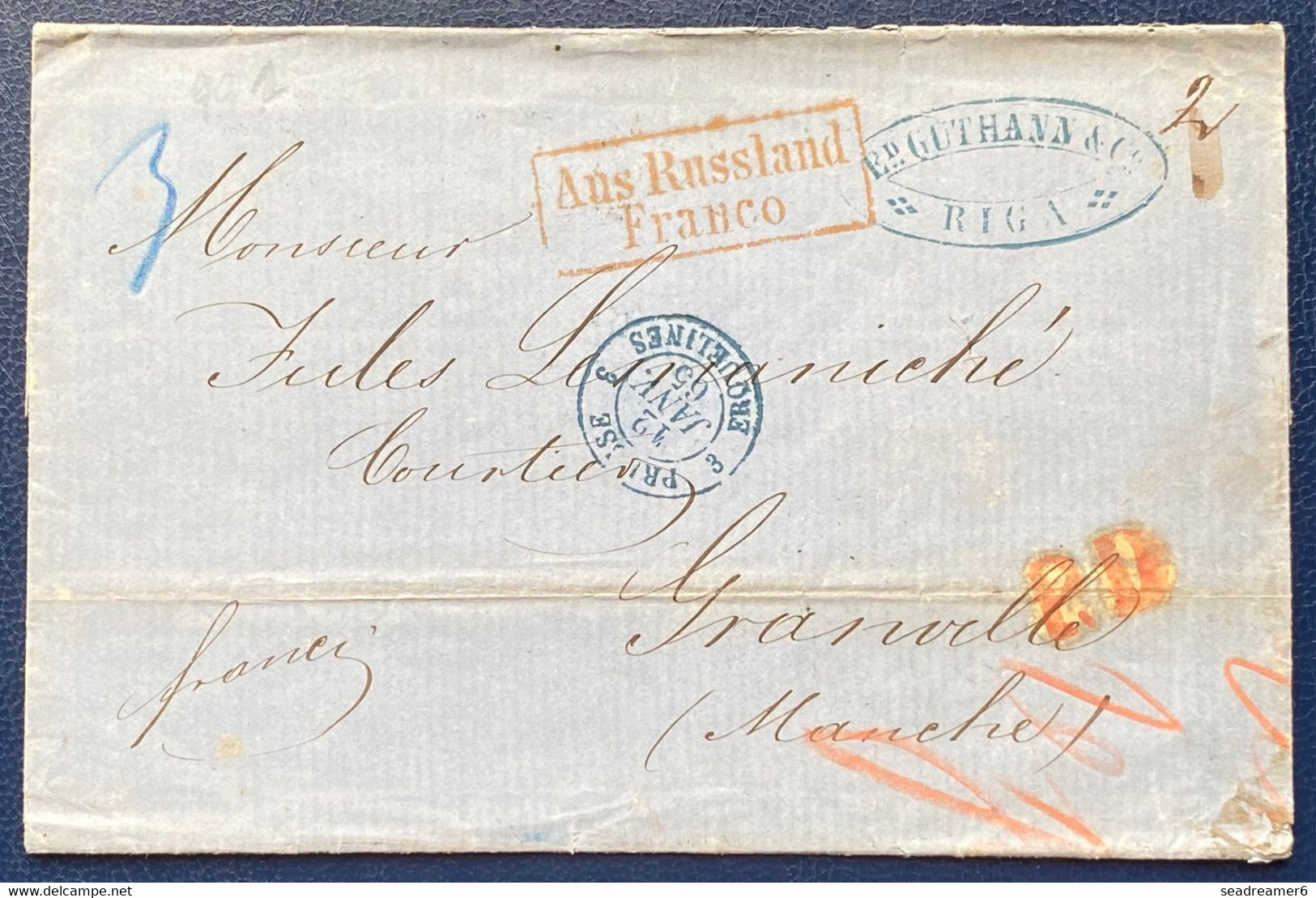 ️ 1865 RIGA Lithuania  Granville/ Des Taxes / Entrée En Prusse Griffe "Ans Russland Franco" + Entrée France Erquelines - Litauen