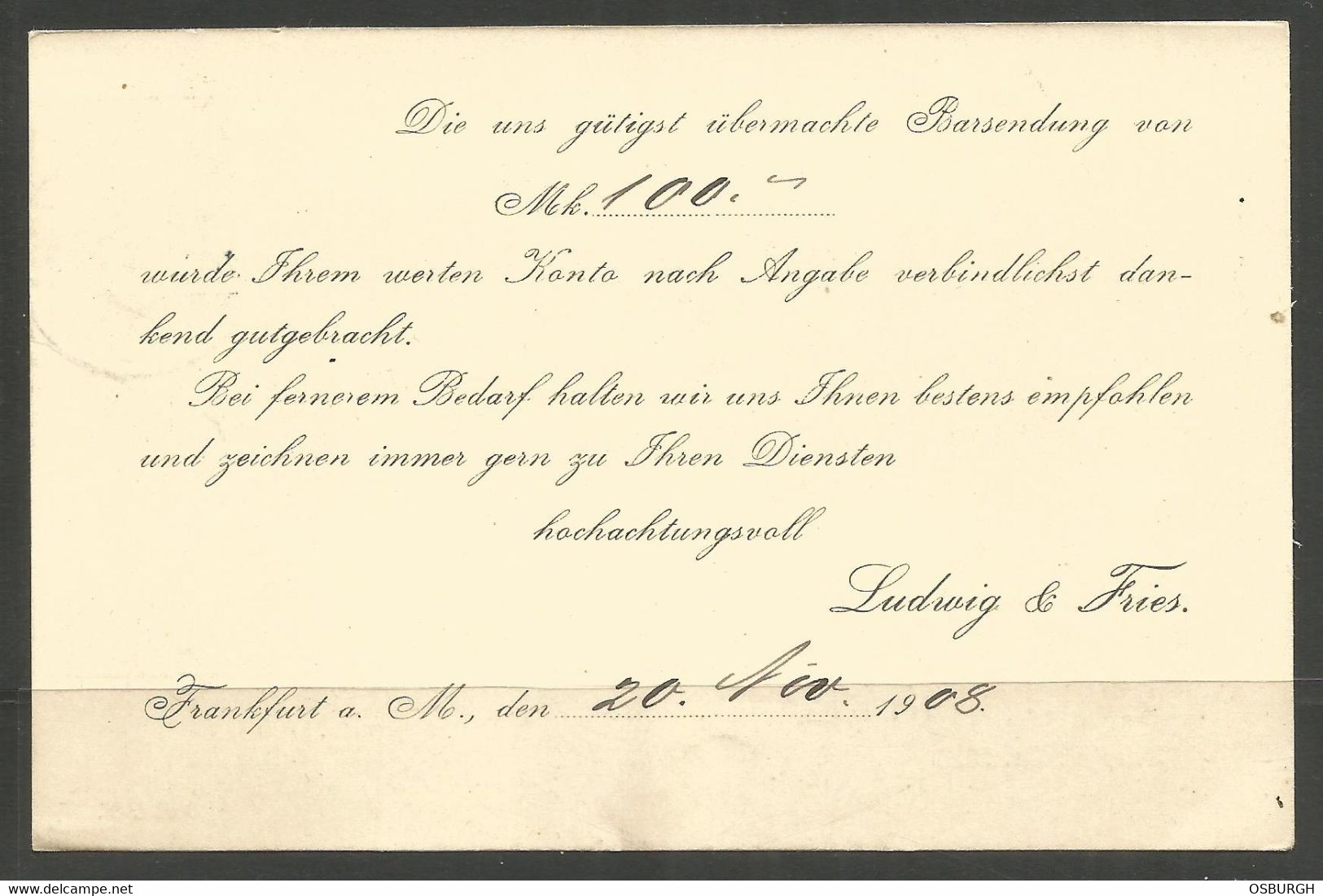 GERMANY. 1908. CARD. FRANKFURT TO WERL. LUDWIG & FRIES – WATCHES, CLOCKS - Cartas & Documentos