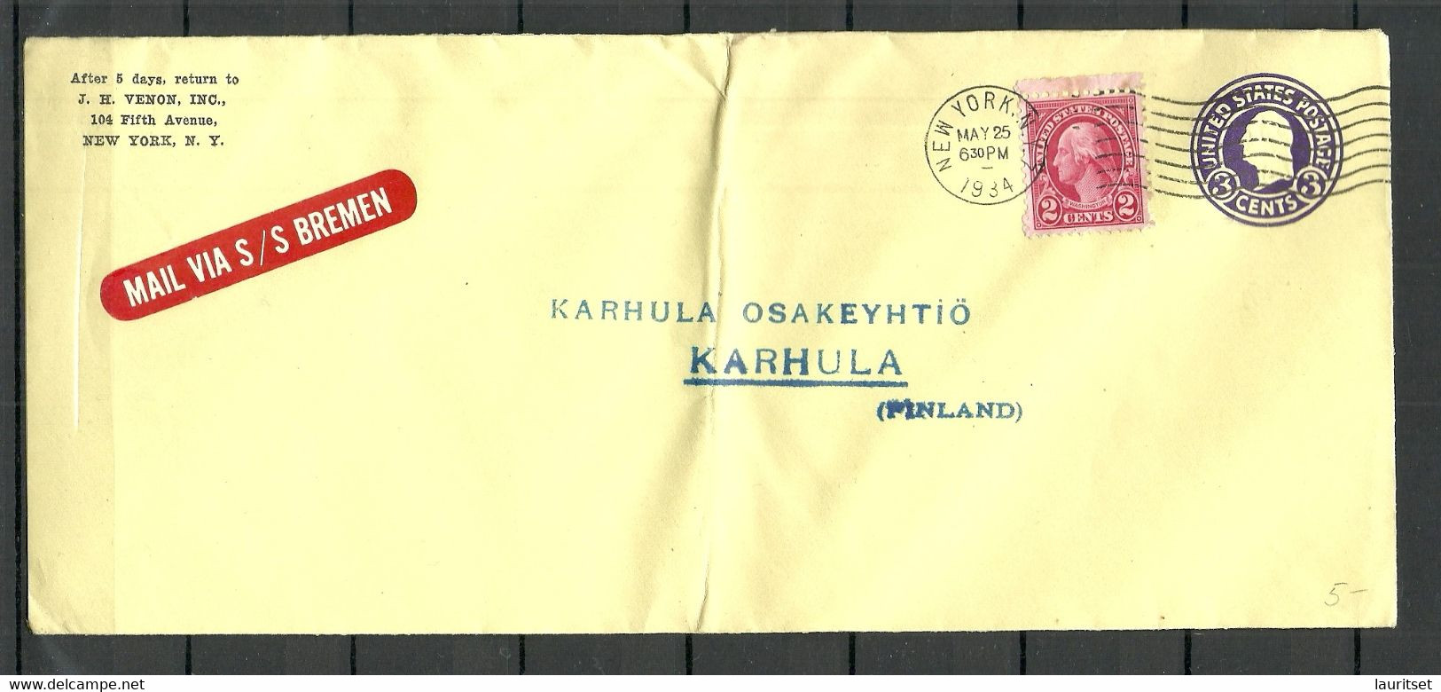 USA 1934 Sea Mail Seepost S/S Bremen O New York To Finland Karhula NB! Vertical Fold! - Briefe U. Dokumente