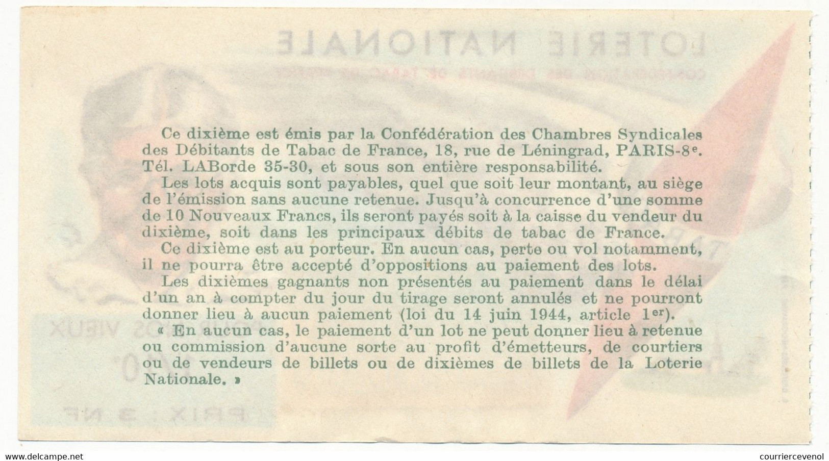 FRANCE - Loterie Nationale - 1/10ème "Pour Nos Vieux" - 3 Nouveaux Francs - Loterijbiljetten