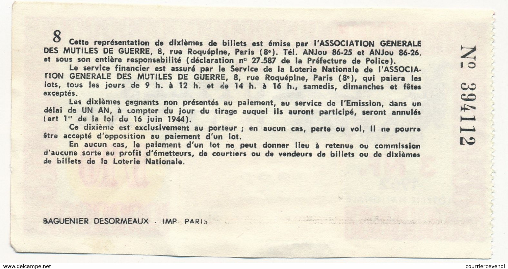 FRANCE - Loterie Nationale - 1/10ème Association Générale Des Mutilés De Guerre - 3 Nouveaux Francs - 1962 - Loterijbiljetten