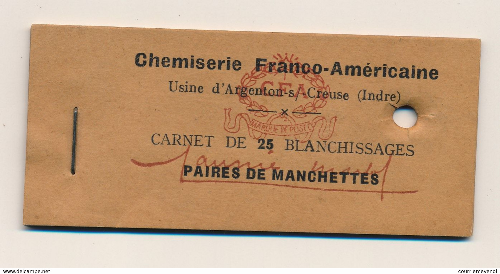 FRANCE - ARGENTON S/CREUSE (Indre) - Carnet De 25 Tickets "Bon Pour Le Blanchissage De Une Paire De Manchettes" - Otros & Sin Clasificación
