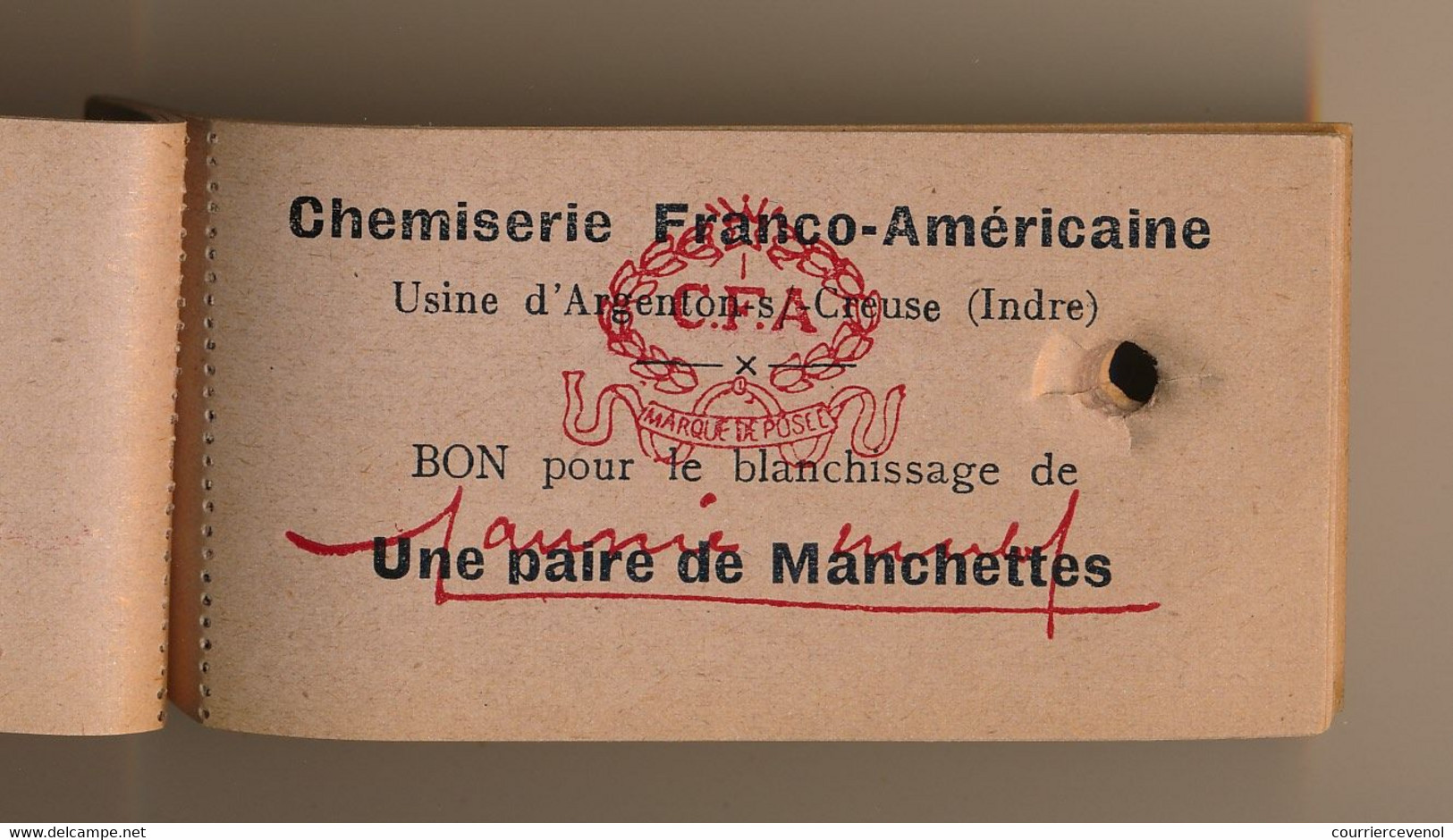 FRANCE - ARGENTON S/CREUSE (Indre) - Carnet De 25 Tickets "Bon Pour Le Blanchissage De Une Paire De Manchettes" - Autres & Non Classés