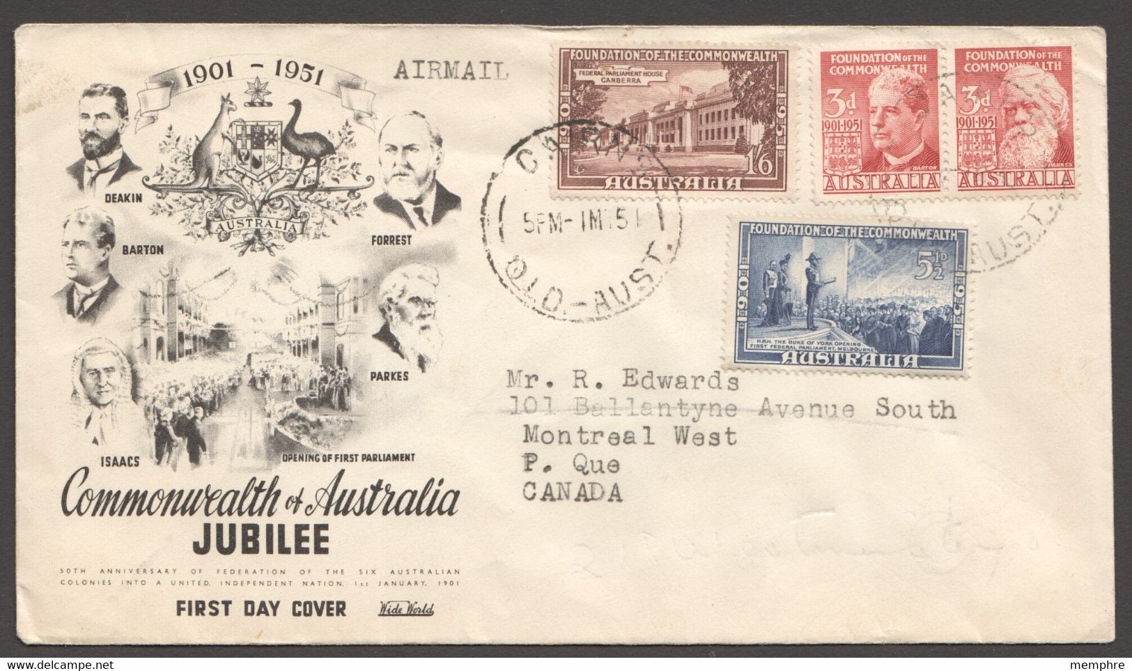 1951 Commonwealth  Of Autralia 50th Ann.   On Wide World   FDC  To Canada - FDC