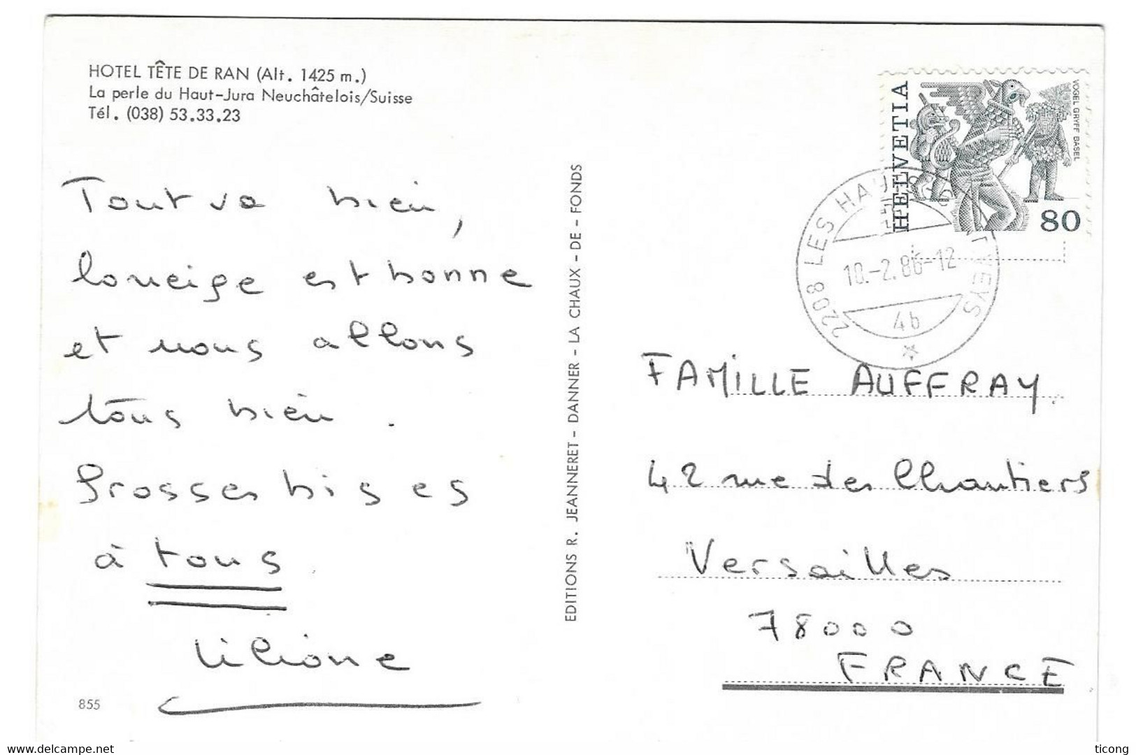 SUISSE HOTEL TETE DE RAN CANTON DE NEUCHATEL, CACHET MANUEL POSTAL LES  HAUTS DE GENEVEYS 1986, VOIR LES SCANNERS - Geneveys