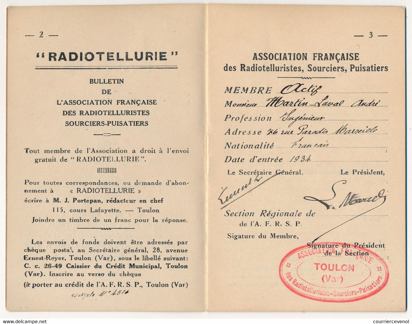 FRANCE - Association Française Radiotelluristes Sourciers-Puisatiers - Mini Brochure Statuts Et Identité - Toulon 1934 - Other & Unclassified