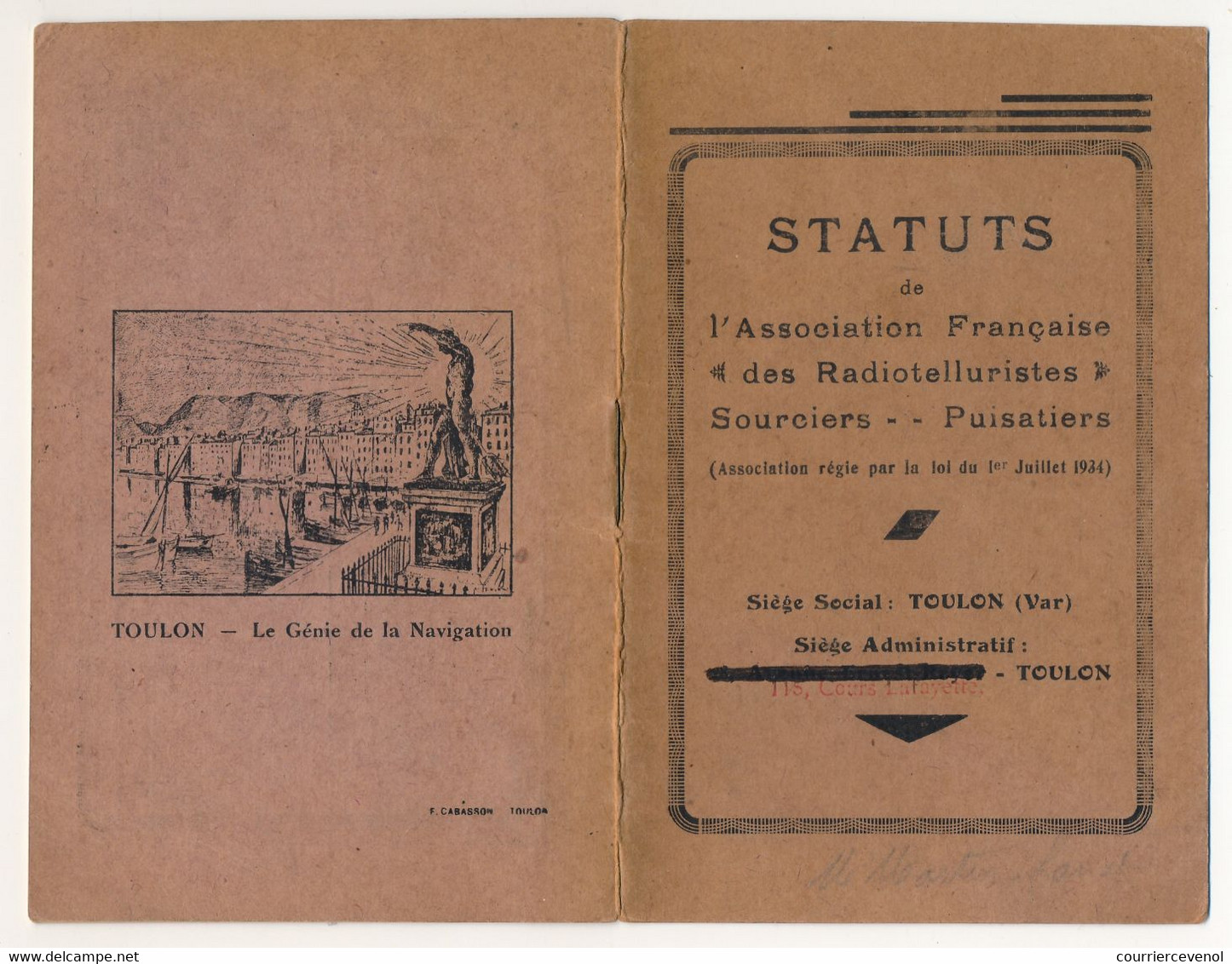 FRANCE - Association Française Radiotelluristes Sourciers-Puisatiers - Mini Brochure Statuts Et Identité - Toulon 1934 - Sonstige & Ohne Zuordnung