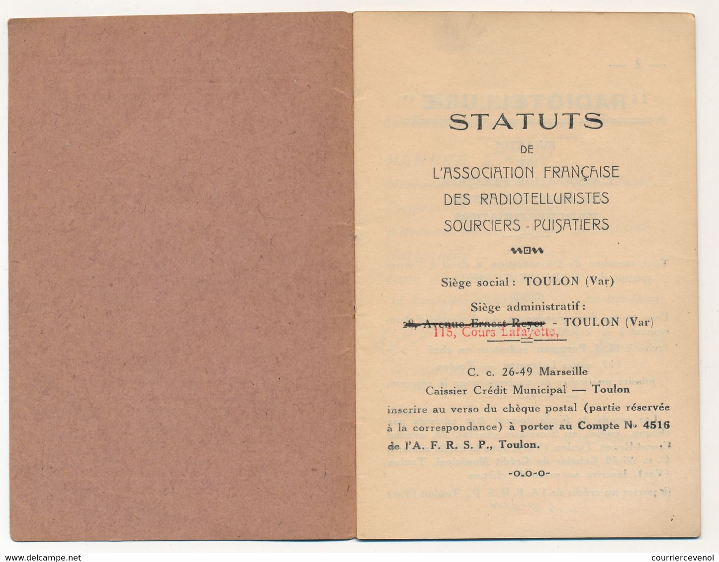 FRANCE - Association Française Radiotelluristes Sourciers-Puisatiers - Mini Brochure Statuts Et Identité - Toulon 1934 - Sonstige & Ohne Zuordnung