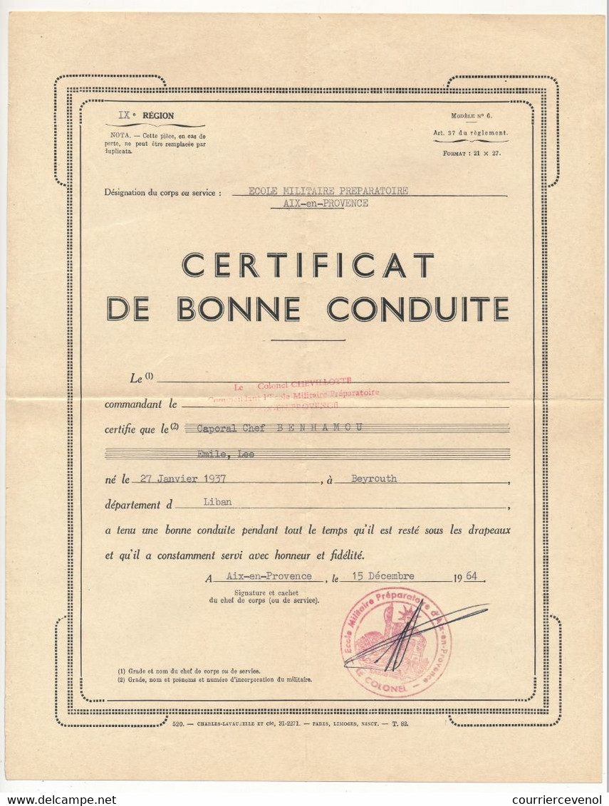 FRANCE - AIX En PROVENCE - Certificat De Bonne Conduite - Ecole Militaire Préparatoire 1964 - Documents