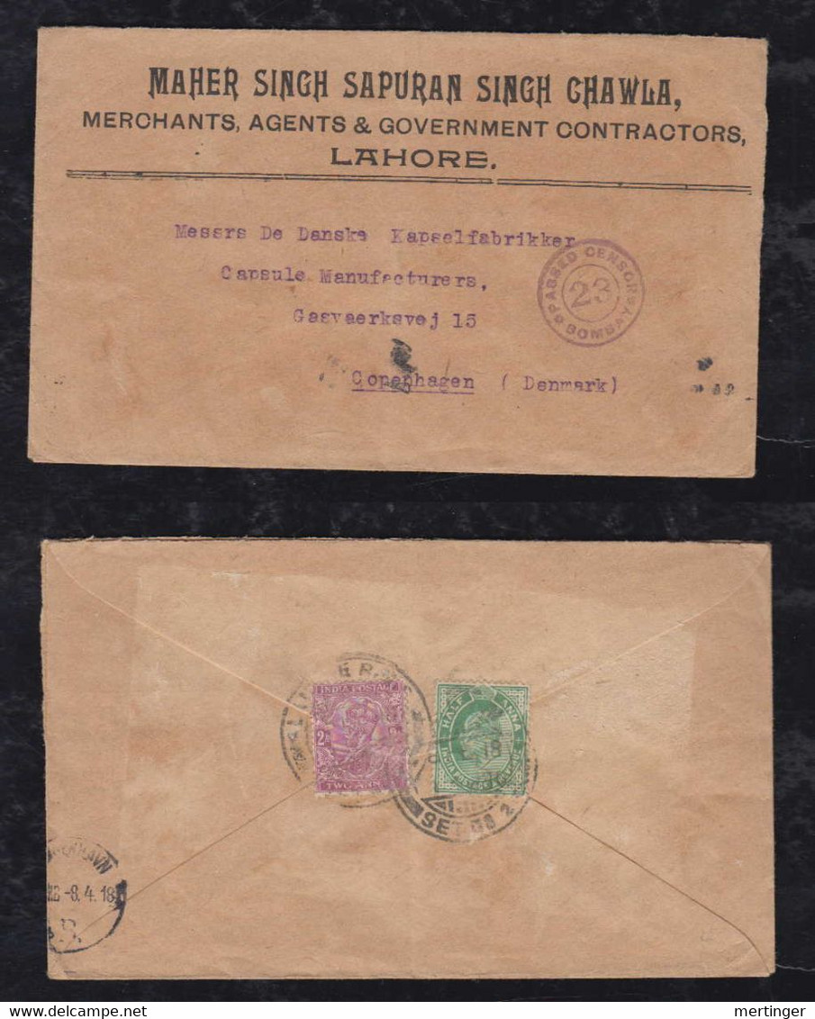 India 1918 Censor BOMBAY Cover LAHORE To COPENHAGEN Danmark - 1911-35 King George V