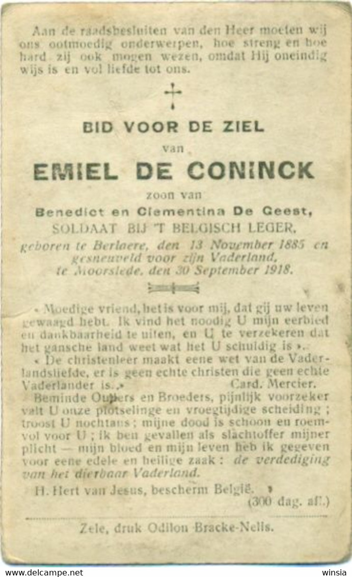 WO1 / WW1 - Doodsprentje Emiel De Coninck - Berlare / Moorslede -  Gesneuvelde - Obituary Notices