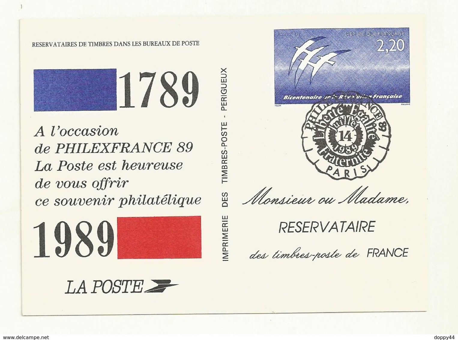 PSEUDO ENTIER  BICENTENAIRE DE LA REVOLUTION  OBLITERE  14 JUILLET 1989 PHILEXFRANCE - French Revolution