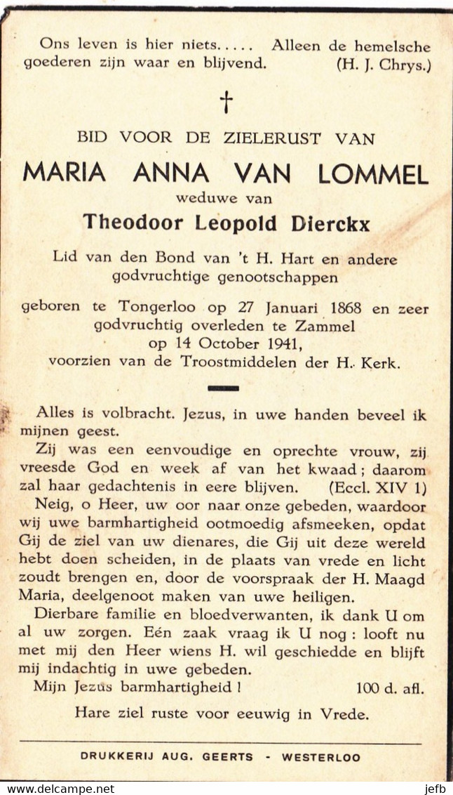 VAN LOMMEL Maria Anna X DIERCKX Theodoor  ° Tongerloo 1868 + Zammel Gheel 1941 - Tongerlo Westerlo Geel - Religion & Esotericism