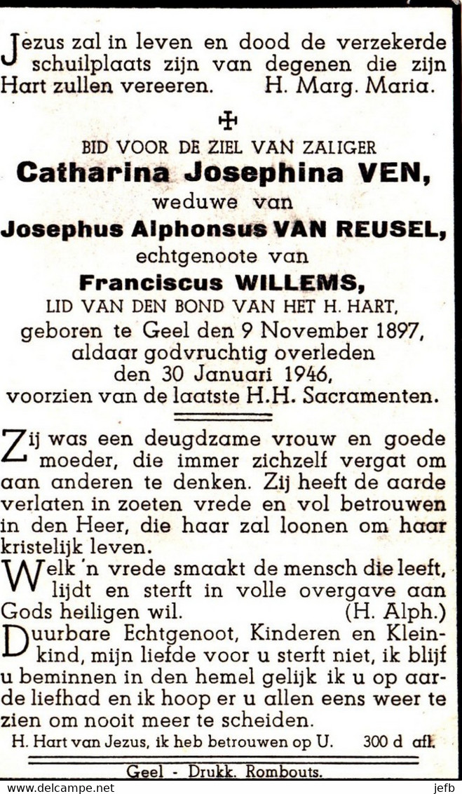 VEN Catharina X VAN REUSEL X WILLEMS  ° Gheel 1897 + 1946 Geel - Godsdienst & Esoterisme