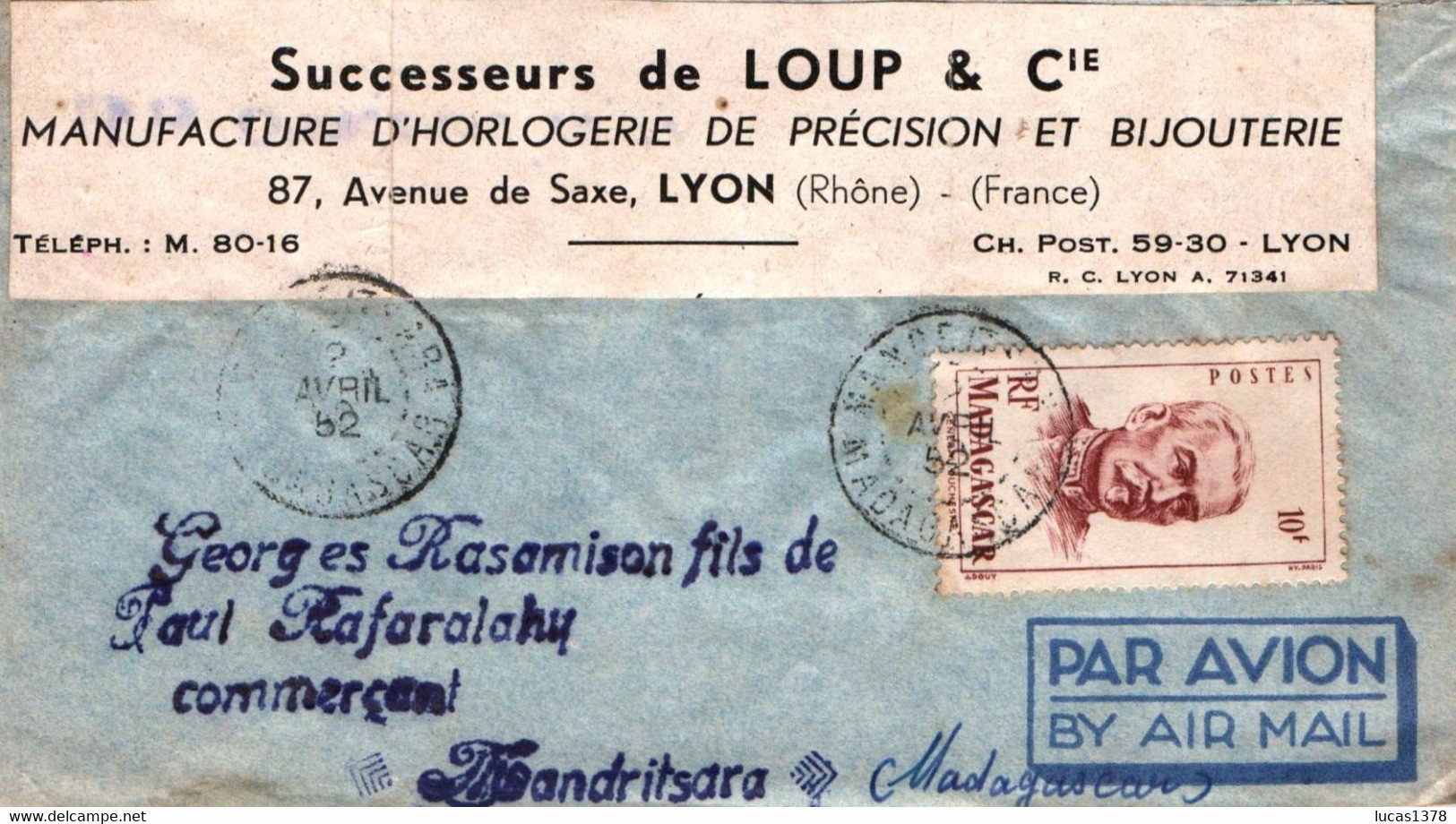 MADAGASCAR / JOLIE LETTRE 1952 / POUR LYON / COMMERCANT GEORGES RASAMISON FILS DE PAUL RAFARALAHY .... - Lettres & Documents