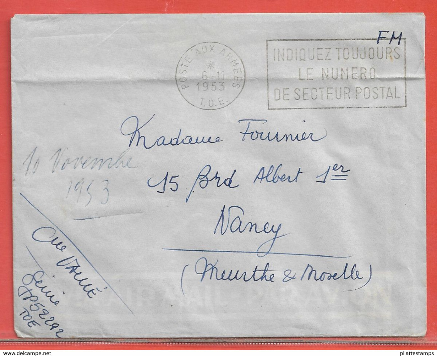 FRANCE LETTRE EN FRANCHISE DE 1953 POUR NANCY - Vietnamkrieg/Indochinakrieg