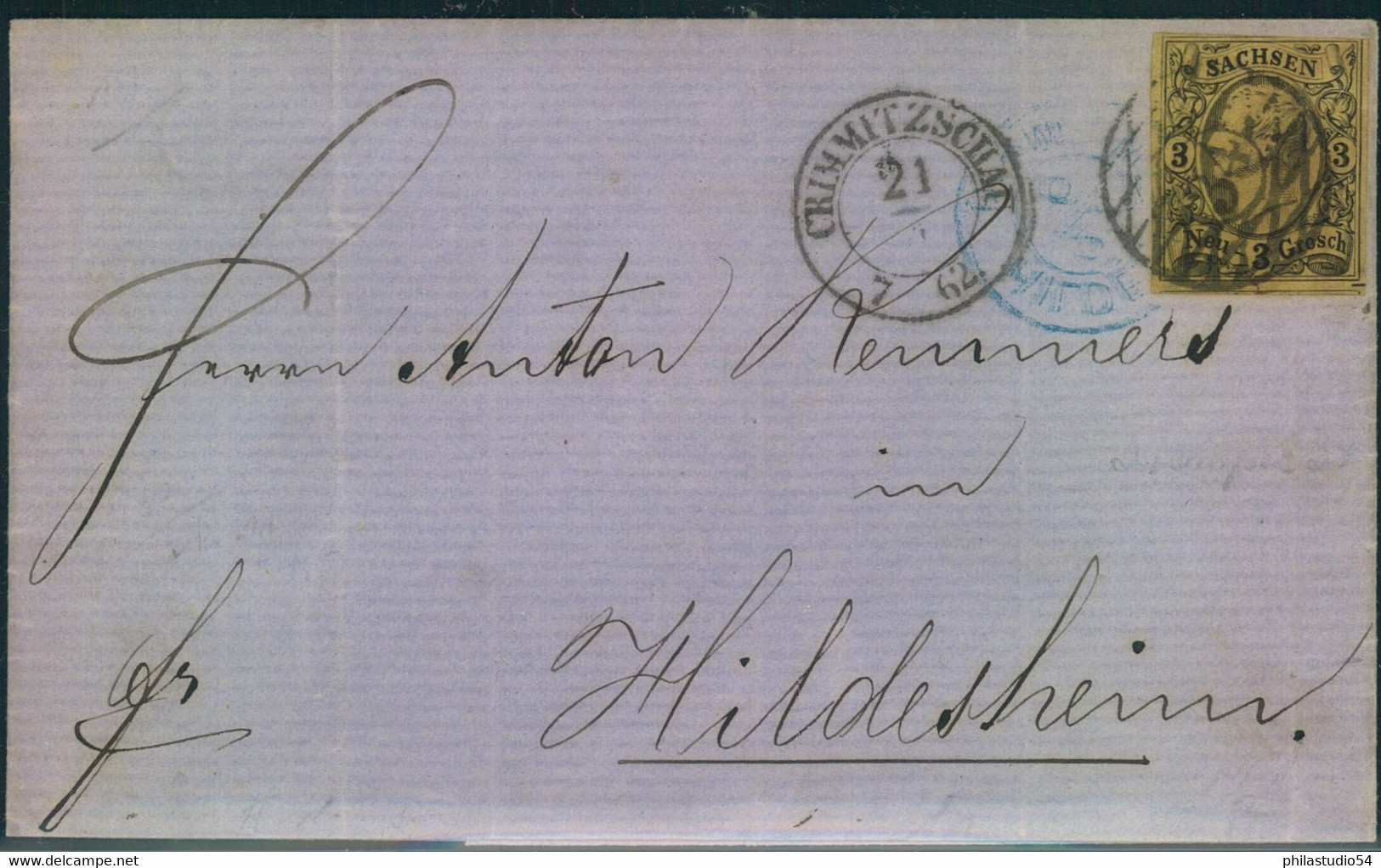 1862, Faltbrief M. 3 Ngr. Jonann Ab CRIMITZSCHAU Mit Nummernstempel "34" Nach Hildesheim - Saxony