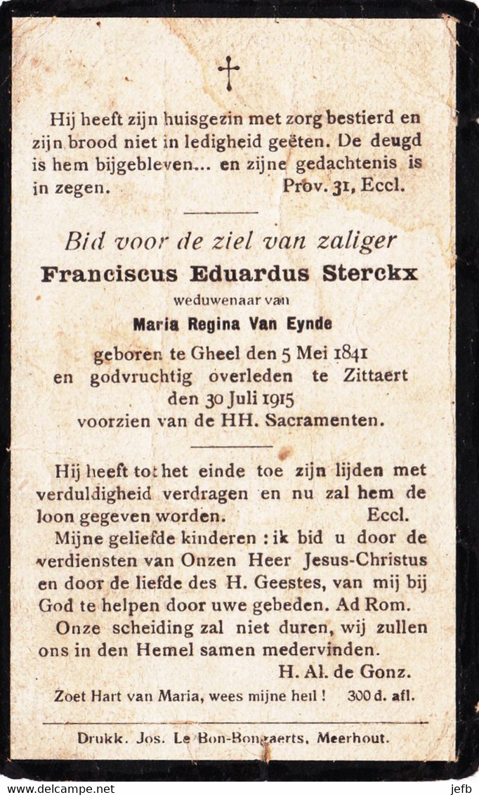 STERCKX Franciscus Eduardus X VAN EYNDE Maria ° Gheel 1841  + Meerhout Zittaert 1915 Zittaart - Religion & Esotérisme