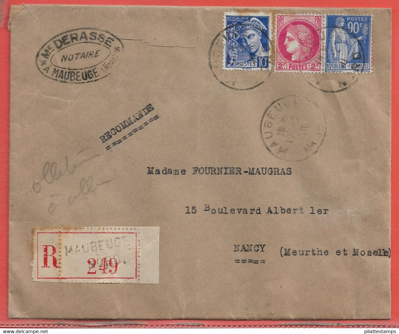 FRANCE LETTRE RECOMMANDEE DE 1940 DE MAUBEUGE POUR NANCY - 1921-1960: Période Moderne
