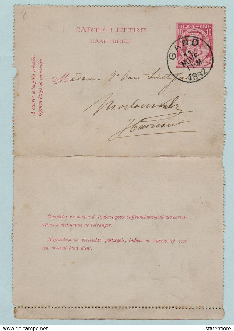 Kaartbrief, Carte Lettre Van Gand, Gent Naar Hainaut Morlanwelz ,met Opdrukzegels Capon Nr 46 - Enveloppes-lettres