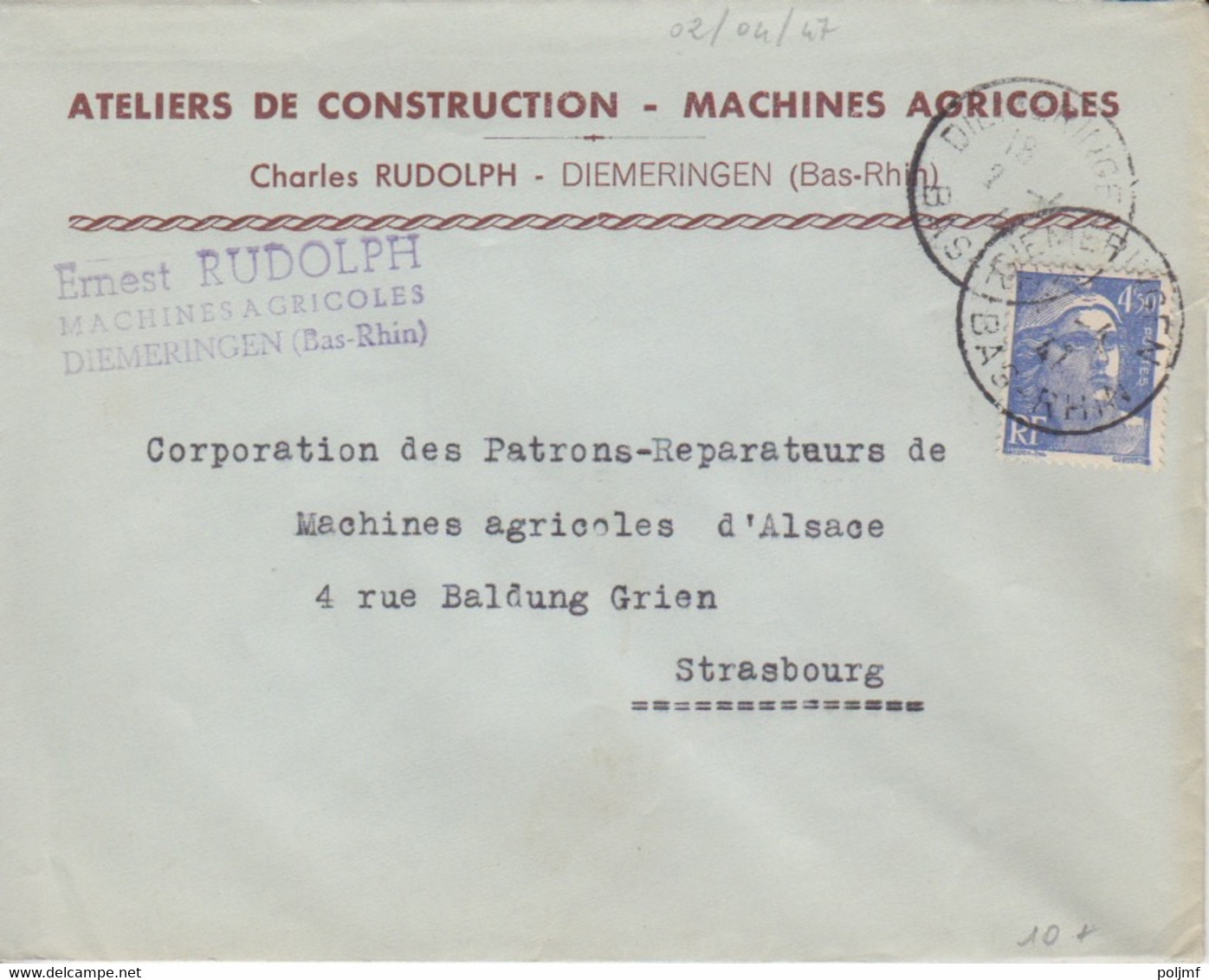 Lettre à Entête (... Machines Agricoles ...) Obl. Diemeringen Le 2-4-47 Sur 4F50 Outremer Gandon N° 718A - 1921-1960: Période Moderne