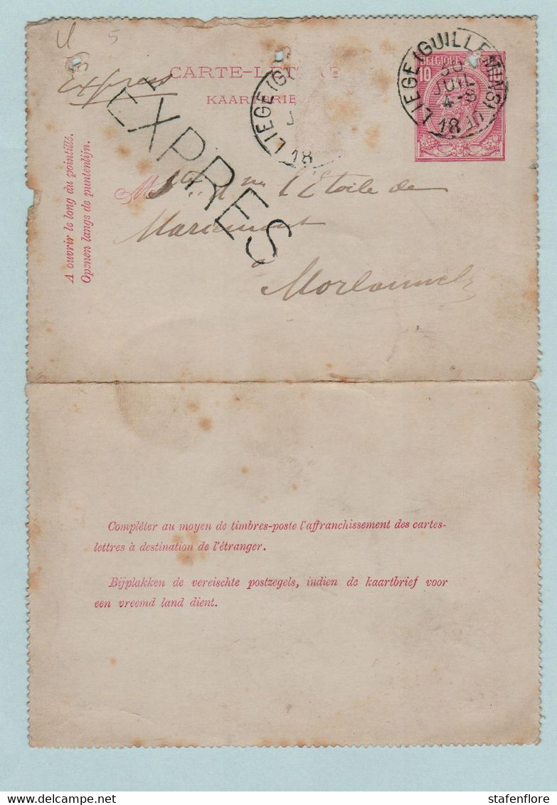 Kaartbrief, Carte Lettre, Express  , LIEGE ( GUILLEMAIN) Naar Morlanwelz  ,met Opdrukzegels Capon Nr 46 - Letter Covers